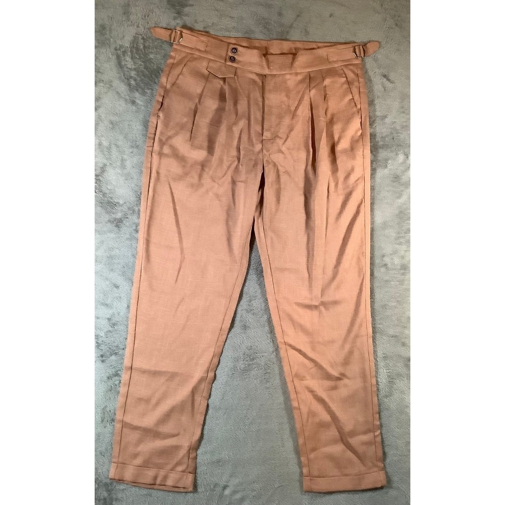 Floerns Men's L Pleated Dress Pants Brown Side Adjusters Cuffed Tapered